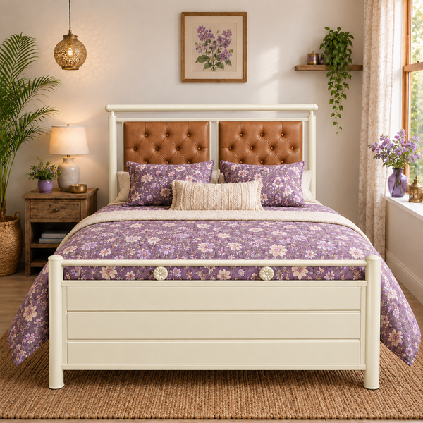 MAYUKHA NAMARIQ: Metal Hydraulic Storage Bed | Dual Tufted Headboards| Bedroom Furniture | Easy Assembly | Premium Powder Coated | KING, QUEEN, SINGLE Sizes | IVORY Frame with BROWN Headboard Color