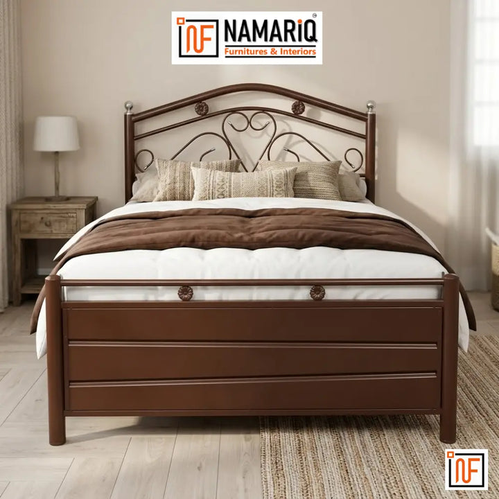 MAGNUS NAMARIQ: Elegant Metal Bed – With Hydraulic Box Storage – Water Resistant & Anti-Rust Powder Coated Finish - BROWN