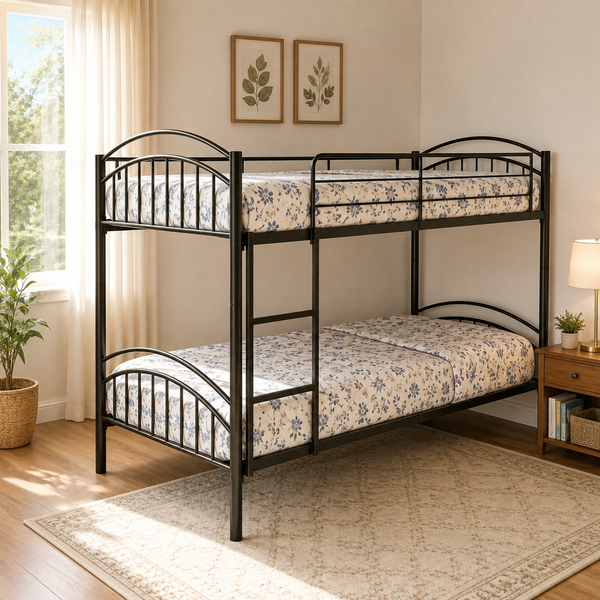 REINFORT NAMARIQ: Heavy Duty Metal Bunk-Bed Frame with Inbuilt Ladder & Safety Guardrails | Space Saving Bed for Kids Teens & Adults | With or Without Mattress | 6x3 FT STANDARD & 6x2.5 FT Small Size | Powder Coated BLACK Color