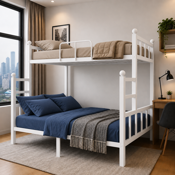 ROCKFORD NAMARIQ: Twin-over-Full Bunk-Bed Frame with Ladder & Safety Guard Rails | Space Saving Bed for Kids Teens & Adults | With or Without Mattress | QUEEN & DOUBLE Sizes | Powder Coated WHITE Color