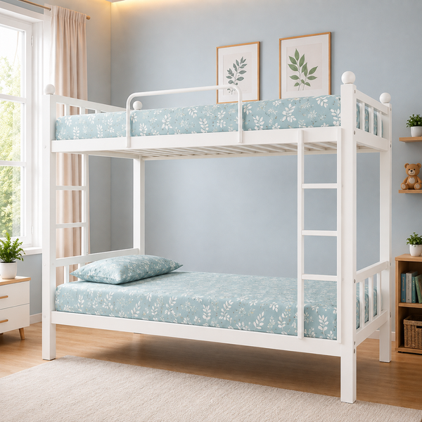 RIVANO NAMARIQ: Twin Bunk-Bed Frame Heavy Duty with Dual Ladder & Safety Guardrails | Space Saving Bed for Kids Teens & Adults | With or Without Mattress | Easy Assembly | Powder Coated WHITE Color