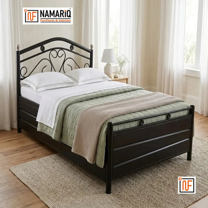 MAGNUS NAMARIQ: Elegant Metal Bed – With Hydraulic Box Storage – Water Resistant & Anti-Rust Powder Coated Finish - BLACK