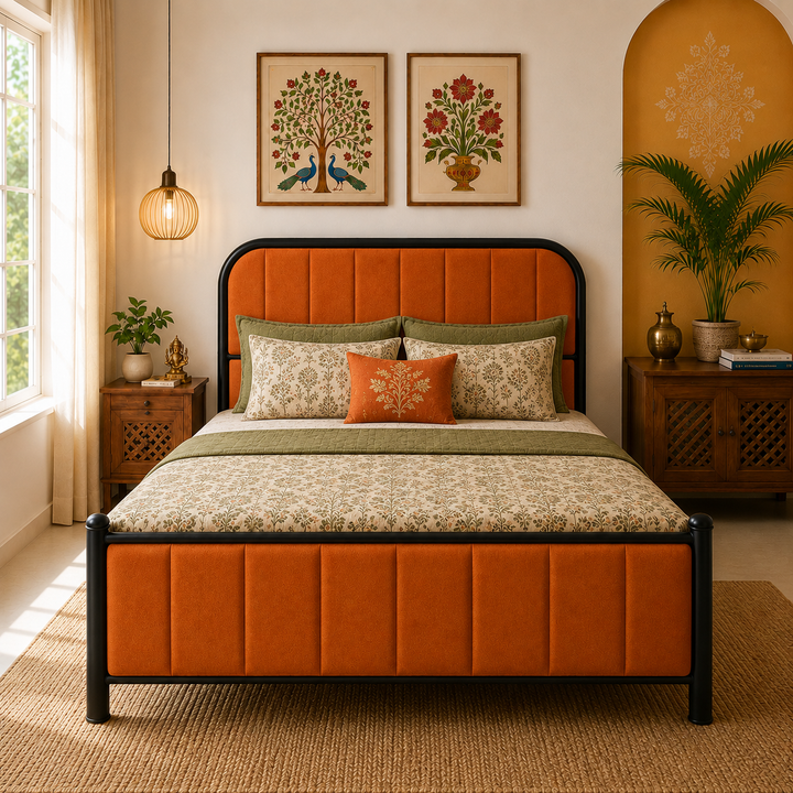 METROPOLIS NAMARIQ: Hydraulic Storage Metal Bed Frame with Cushioned Tufted Head-Footboards | Bedroom Furniture | Easy Assembly | Premium Powder Coated | KING, QUEEN, SINGLE Sizes | BLACK-ORANGE Color