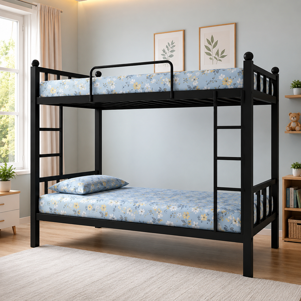 RIVANO NAMARIQ: Twin Bunk-Bed Frame Heavy Duty with Dual Ladder & Safety Guardrails | Space Saving Bed for Kids Teens & Adults | With or Without Mattress | Easy Assembly | Powder Coated BLACK Color