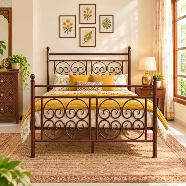 ZECORE NAMARIQ: Wrought Iron Metal Bed Cot| Space Saving Bedroom Furniture | No Box Spring Needed, Easy Assembly | Vintage Scroll Headboard & Footboard| With & Without Mattress | KING QUEEN SINGLE Sizes | Powder Coated BROWN Color