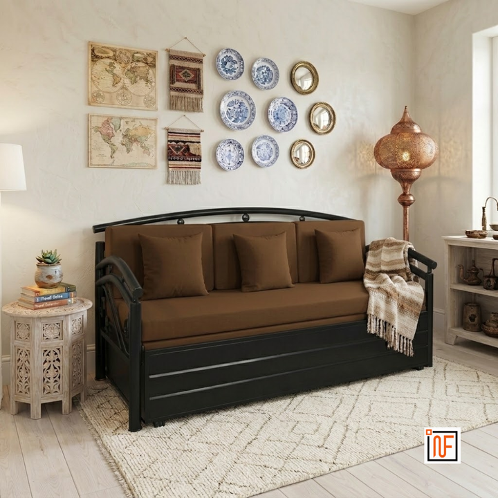 ONYX NAMARIQ: Butterfly Design Frame Metal Sofa-cum-Bed – Convertible Sofa-cum-Bed - With Hydraulic Box Storage – for Bedroom / Living Room - Water Resistant & Anti-Rust Powder Coated Finish - BLACK-BROWN Tone