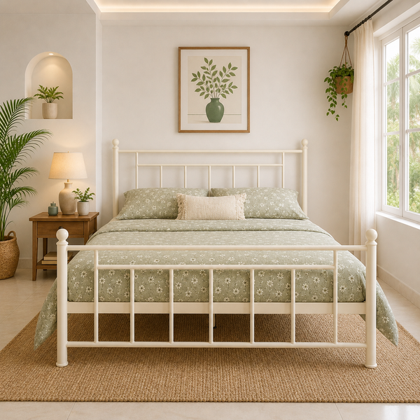 ZAVION NAMARIQ: Solid Wrought Iron Metal Bed Cot| Without Inbuilt Storage Box | Space Saving Bedroom Furniture | Architectural Minimalist Head-Footboard | With & Without Mattress | KING QUEEN SINGLE Sizes | Powder Coated IVORY Color