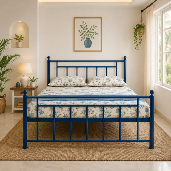 ZAVION NAMARIQ: Solid Wrought Iron Metal Bed Cot| Without Inbuilt Storage Box | Space Saving Bedroom Furniture | Architectural Minimalist Head-Footboard | With & Without Mattress | KING QUEEN SINGLE Sizes | Powder Coated BLUE Color