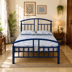 ZELIX NAMARIQ: Wrought Iron Metal Bed - Without Inbuilt Storage Box - Space Saving Bedroom Living Room Cot Bed – KING / QUEEN / SINGLE Sizes – With / Without Mattress – BLUE Color