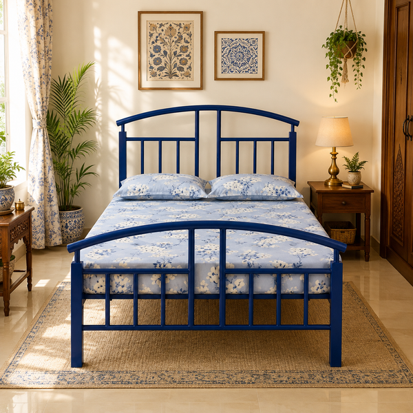 ZELIX NAMARIQ: Wrought Iron Metal Bed - Without Inbuilt Storage Box - Space Saving Bedroom Living Room Cot Bed – KING / QUEEN / SINGLE Sizes – With / Without Mattress – BLUE Color