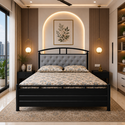 MAVERICK NAMARIQ: Hydraulic Storage Metal Bed Frame with Cushioned Tufted Headboard | Bedroom Furniture | Easy Assembly | Premium Powder Coated | KING, QUEEN, SINGLE Sizes | BLACK-GREY Color