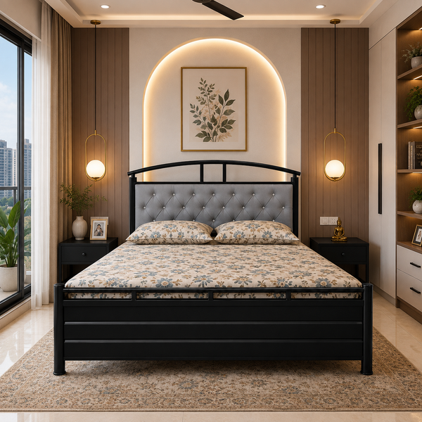 MAVERICK NAMARIQ: Hydraulic Storage Metal Bed Frame with Cushioned Tufted Headboard | Bedroom Furniture | Easy Assembly | Premium Powder Coated | KING, QUEEN, SINGLE Sizes | BLACK-GREY Color