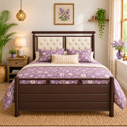 MAYUKHA NAMARIQ: Metal Hydraulic Storage Bed | Dual Tufted Headboards| Bedroom Furniture | Easy Assembly | Premium Powder Coated | KING, QUEEN, SINGLE Sizes | BROWN Frame with IVORY Headboard Color