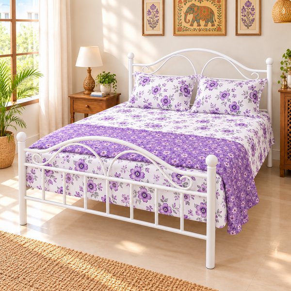 ZAIN NAMARIQ: Wrought Iron Modern Metal Bed Cot | Space Saving Bedroom Furniture | Elegant Head-Footboard | Noise-Free, Easy Assembly | With & Without Mattress | KING QUEEN SINGLE Sizes | Powder Coated WHITE Color