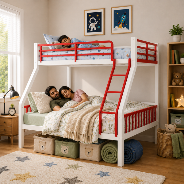 REXTONE NAMARIQ: Twin-over-Full Bunk-Bed Frame with Ladder & Safety Guard Rails | Space Saving Bed for Kids Teens & Adults | With or Without Mattress | QUEEN & DOUBLE Sizes | Powder Coated WHITE-RED Color