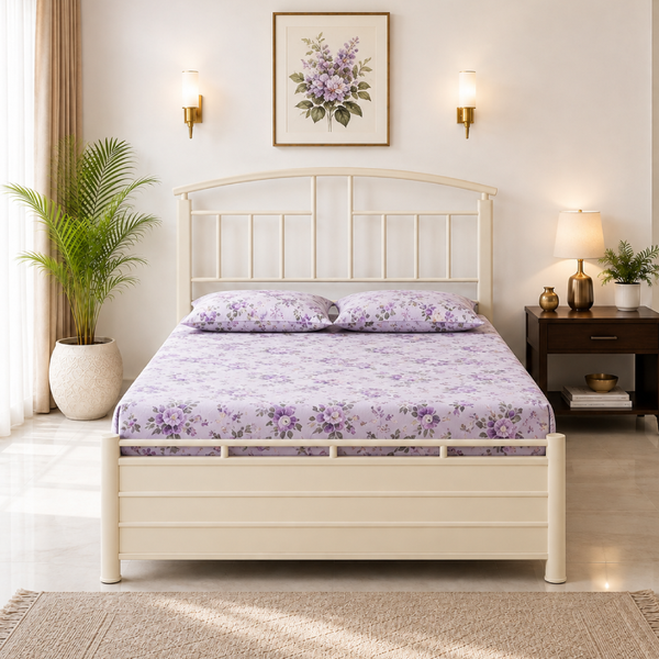 MIZAAN NAMARIQ: Heavy Duty Hydraulic Storage Metal Bed Frame with Designer Headboard | Bedroom Furniture | Easy Assembly | Premium Powder Coated | KING, QUEEN, SINGLE Sizes | IVORY Color