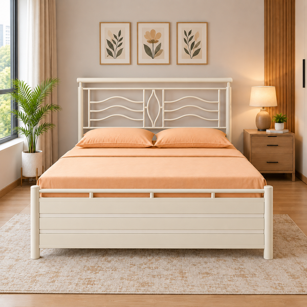 MATRIX NAMARIQ: Hydraulic Box Storage Metal Bed Frame with Designer Headboard | Bedroom Furniture | Easy Assembly | Premium Powder Coated | KING, QUEEN, SINGLE Sizes | IVORY Color