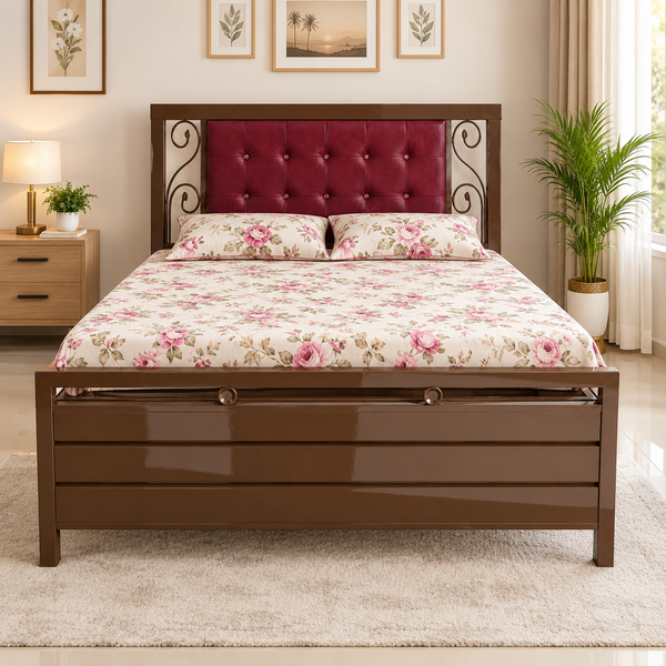 MIRINAL NAMARIQ: Metal Hydraulic Storage Bed | Maroon Tufted Headboard Cushion & Ornate Scrollwork Borders| Bedroom Furniture | Easy Assembly | Premium Powder Coated | KING, QUEEN, SINGLE Sizes | BROWN Color