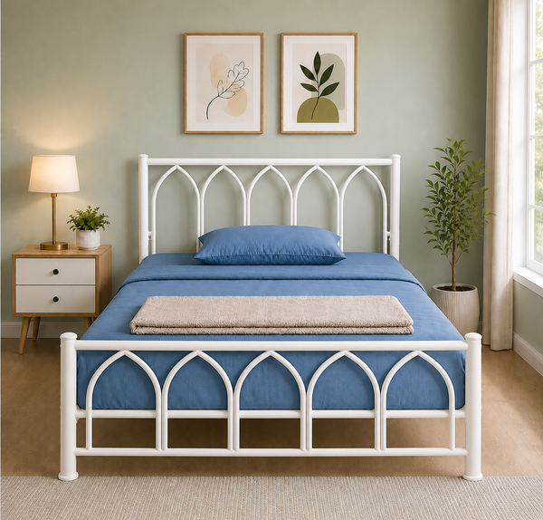 ZORENZA NAMARIQ: Solid Wrought Iron Metal Bed Cot| Without Inbuilt Storage Box | Space Saving Bedroom Furniture | Architectural Arched Head-Footboard | With & Without Mattress | KING QUEEN SINGLE Sizes | Powder Coated WHITE Color