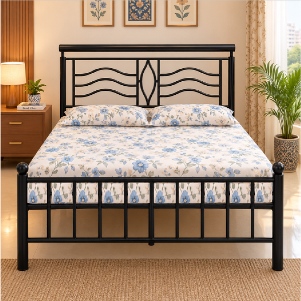 ZEPHYR NAMARIQ: Modern Sleek Wavey Wrought Iron Metal Bed, Cot for Bedroom | Without Inbuilt Storage | Water Resistant & Anti-Rust Powder Coated Finish | KING, QUEEN & SINGLE Sizes | BLACK Color