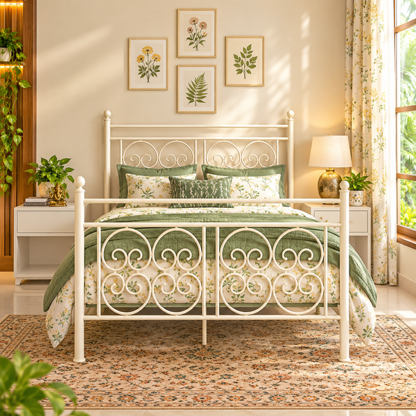ZECORE NAMARIQ: Wrought Iron Metal Bed Cot| Space Saving Bedroom Furniture | No Box Spring Needed, Easy Assembly | Vintage Scroll Headboard & Footboard| With & Without Mattress | KING QUEEN SINGLE Sizes | Powder Coated IVORY Color