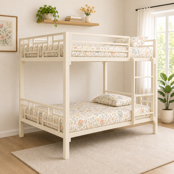 RIEVERA NAMARIQ: Heavy-Duty Metal Bunk Bed with Designer Geometric Lattice Railing & Integrated Vertical Ladder | Space Saving Bed for Kids Teens & Adults | With or Without Mattress | QUEEN & DOUBLE Sizes | Powder Coated IVORY Color