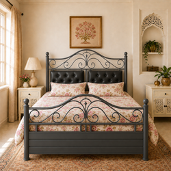 MOONSTAR NAMARIQ: Heavy Duty Metal Bed Frame | Hydraulic Box Storage | Designer Headboard Twin Cushions | Designer Footboard | King, Queen, Super-King, Super-Queen Sizes | Water Resistant & Anti-Rust Powder Coated | GREY Color