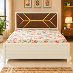 METRO NAMARIQ: Hydraulic Storage Box Metal Bed Frame with Tufted Fabric Brown-Golden Headboard| Bedroom Furniture | Easy Assembly | Premium Powder Coated | KING, QUEEN, SINGLE Sizes | IVORY Color