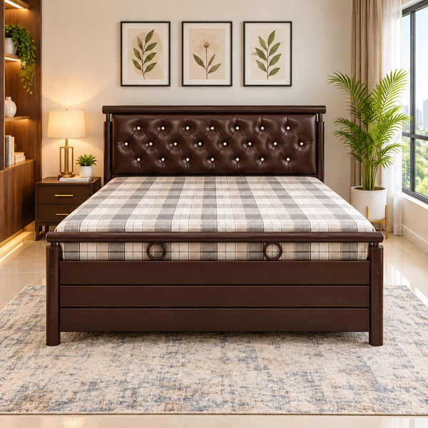 MAGNIFIQUE NAMARIQ: Hydraulic Storage Metal Bed Frame with Tufted Cushioned Headboard | Bedroom Furniture | Easy Assembly | Premium Powder Coated | KING, QUEEN, SINGLE Sizes | BROWN Color