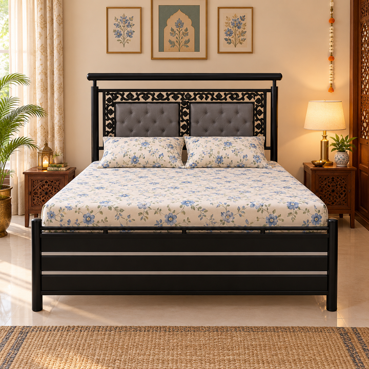 MONARCH NAMARIQ: Heavy Duty Hydraulic Storage Metal Bed Frame | Dual Button-Tufted Cushion Headboard with Carved Ornamental Border| Bedroom Furniture | Easy Assembly | | KING, QUEEN, SINGLE, SUPER-KING & SUPER-QUEEN Sizes | BLAC-GREY Color+2