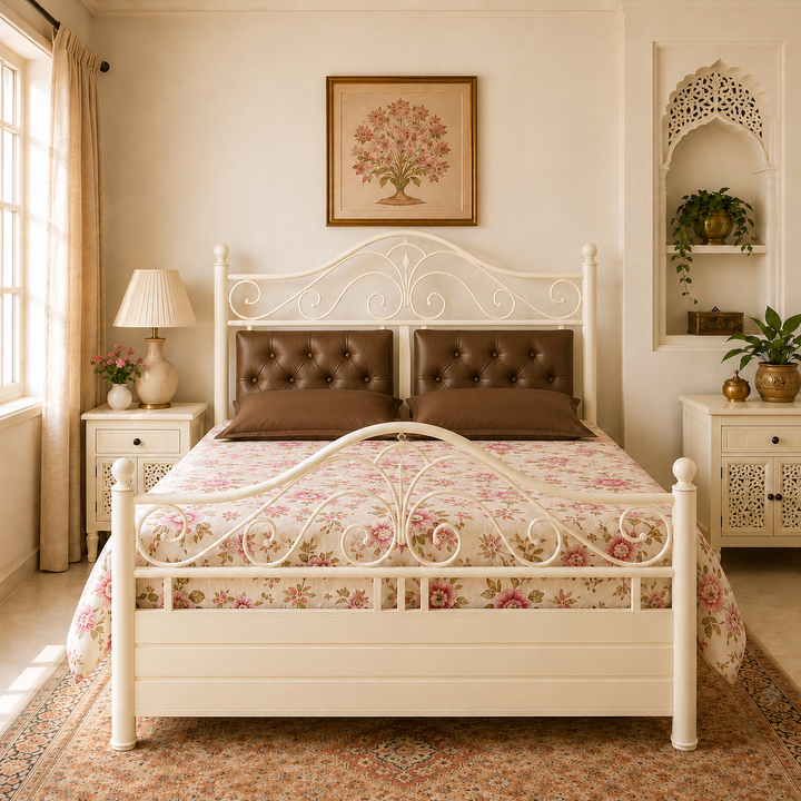MOONSTAR NAMARIQ: Heavy Duty Metal Bed Frame | Hydraulic Box Storage | Designer Headboard Twin Cushions | Designer Footboard | King, Queen, Super-King, Super-Queen Sizes | Water Resistant & Anti-Rust Powder Coated | IVORY Color