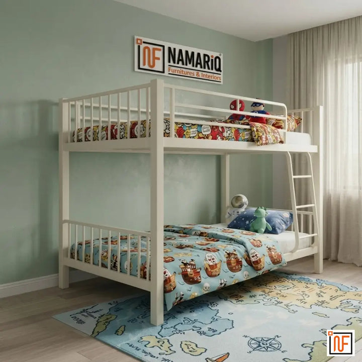 RADIANT NAMARIQ: Twin-Over-Twin, Heavy Duty Metal Bunk Bed – Anti-Rust & Water-Resistant Powder Coated Finish – IVORY