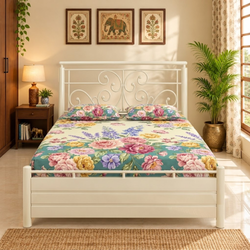 MARBELLA NAMARIQ: Heavy Duty Metal Hydraulic Storage Bed Frame | Classic Designer Headboard| Bedroom Furniture | Easy Assembly | Premium Powder Coated | KING, QUEEN, SINGLE Sizes | IVORY Color