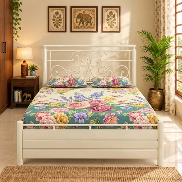 MARBELLA NAMARIQ: Heavy Duty Metal Hydraulic Storage Bed Frame | Classic Designer Headboard| Bedroom Furniture | Easy Assembly | Premium Powder Coated | KING, QUEEN, SINGLE Sizes | IVORY Color