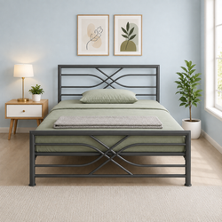 ZAYUSH NAMARIQ: Heavy-Duty Metal Bed Frame with Modern Geometric Headboard & Footboard | Bedroom Home Furniture | With & Without Mattress | Powder Coated GREY Finish | KING, QUEEN, SINGLE Sizes