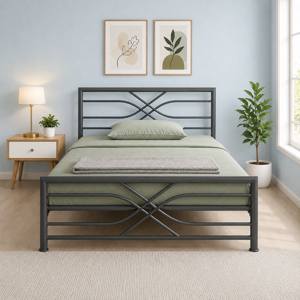 ZAYUSH NAMARIQ: Heavy-Duty Metal Bed Frame with Modern Geometric Headboard & Footboard | Bedroom Home Furniture | With & Without Mattress | Powder Coated GREY Finish | KING, QUEEN, SINGLE Sizes