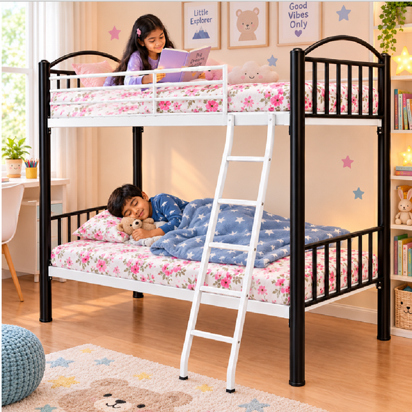RYKER NAMARIQ: Heavy Duty Twin Bunk-Bed Frame with Ladder & Safety Guard Rails | Space Saving Bed for Kids, Teens & Adults | With or Without Mattress | 6x3 FT STANDARD & 6x2.5 FT Small Size | Powder Coated BLACK-WHITE Color