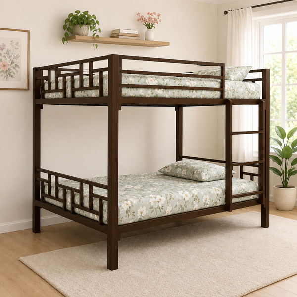 RIEVERA NAMARIQ: Heavy-Duty Metal Bunk Bed with Designer Geometric Lattice Railing & Integrated Vertical Ladder | Space Saving Bed for Kids Teens & Adults | With or Without Mattress | QUEEN & DOUBLE Sizes | Powder Coated BROWN Color