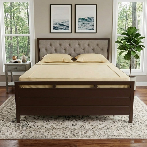 MAITREYA NAMARIQ: Hydraulic Storage Box Metal Bed Frame with Tufted Fabric Headboard| Bedroom Furniture | Easy Assembly | Premium Powder Coated | KING, QUEEN, SINGLE Sizes | BROWN Color