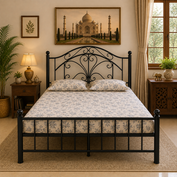 ZENERA NAMARIQ: Wrought Iron Modern Metal Bed Cot| Without Inbuilt Storage Box | Platform Bed for Bedroom Guest Room| Artistic Head-Footboard | With & Without Mattress | KING QUEEN SINGLE Sizes | Powder Coated BLACK Color