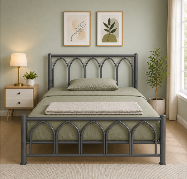 ZORENZA NAMARIQ: Solid Wrought Iron Metal Bed Cot| Without Inbuilt Storage Box | Space Saving Bedroom Furniture | Architectural Arched Head-Footboard | With & Without Mattress | KING QUEEN SINGLE Sizes | Powder Coated GREY Color