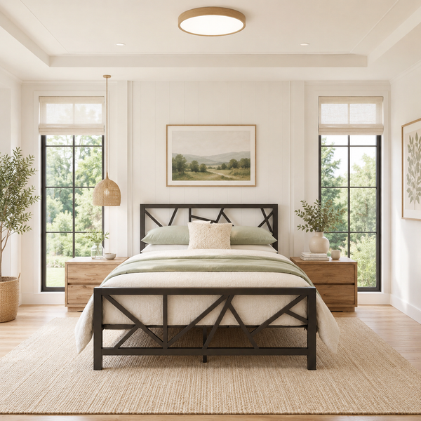 ZENITH NAMARIQ: Heavy-Duty Metal Bed Frame with Modern Geometric X-Pattern Solid Metal Bed | Bedroom Home Furniture | With & Without Mattress | Powder Coated BROWN Finish | KING, QUEEN, DOUBLE, SINGLE Sizes