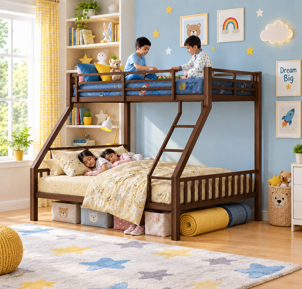 REXTONE NAMARIQ: Twin-over-Full Bunk-Bed Frame with Ladder & Safety Guard Rails | Space Saving Bed for Kids Teens & Adults | With or Without Mattress | QUEEN & DOUBLE Sizes | Powder Coated BROWN Color