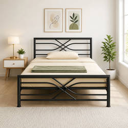 ZAYUSH NAMARIQ: Heavy-Duty Metal Bed Frame with Modern Geometric Headboard & Footboard | Bedroom Home Furniture | With & Without Mattress | Powder Coated Matte Black Finish | KING, QUEEN, SINGLE Sizes