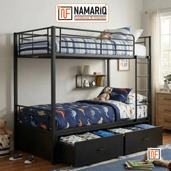 YUGMA NAMARIQ: Twin-over-Twin Heavy Duty Metal Bunk Bed with Integrated Dual Drawer Storage – Anti-Rust & Water-Resistant Powder Coated Finish – BLACK