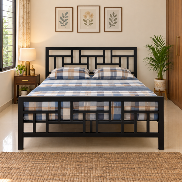 ZAVIER NAMARIQ: Solid Wrought Iron Metal Bed Cot| Without Inbuilt Storage Box | Space Saving Bedroom Furniture | Artistic Head-Footboard | With & Without Mattress | KING QUEEN SINGLE Sizes | Powder Coated BLACK Color