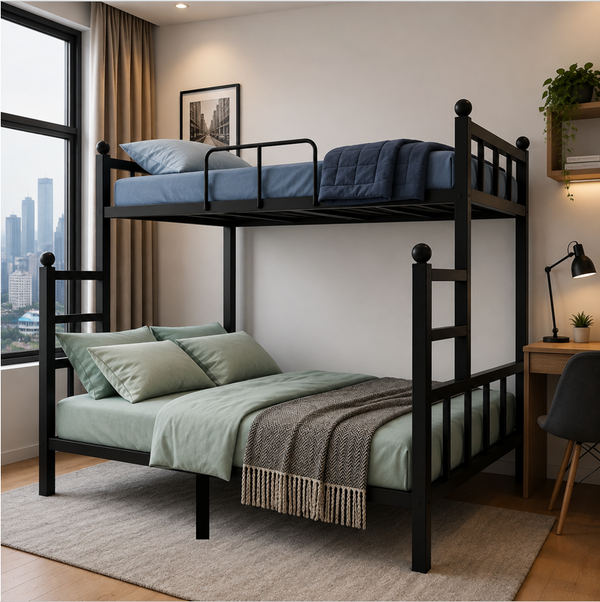 ROCKFORD NAMARIQ: Twin-over-Full Bunk-Bed Frame with Ladder & Safety Guard Rails | Space Saving Bed for Kids Teens & Adults | With or Without Mattress | QUEEN & DOUBLE Sizes | Powder Coated BLACK Color