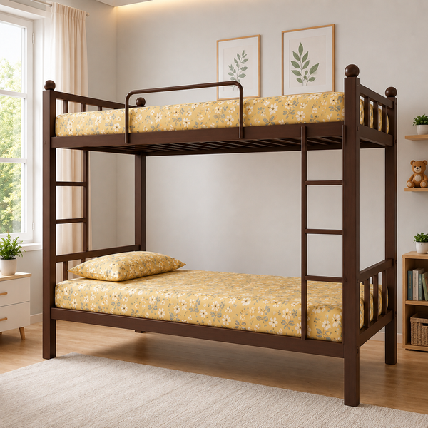 RIVANO NAMARIQ: Twin Bunk-Bed Frame Heavy Duty with Dual Ladder & Safety Guardrails | Space Saving Bed for Kids Teens & Adults | With or Without Mattress | Easy Assembly | Powder Coated BROWN Color