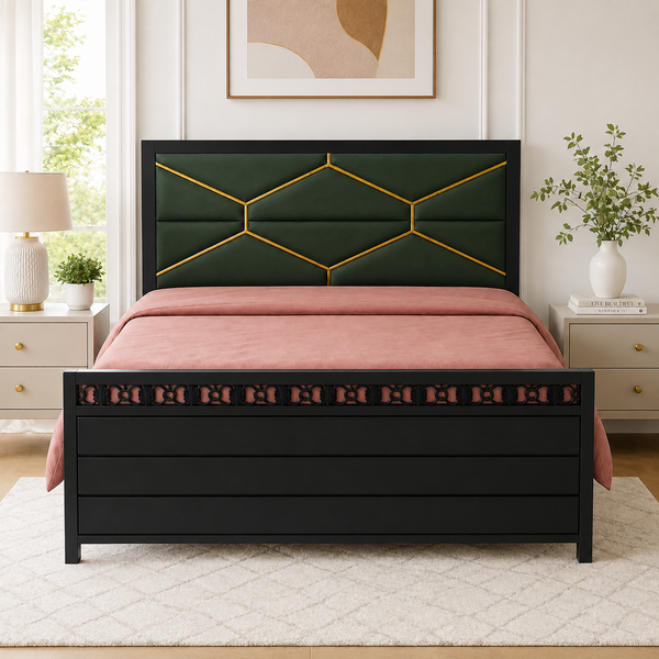 METCHOICE NAMARIQ: Hydraulic Storage Box Metal Bed Frame with Tufted Fabric Green-Golden Headboard| Bedroom Furniture | Easy Assembly | Premium Powder Coated | KING, QUEEN, SINGLE Sizes | BLACK Color