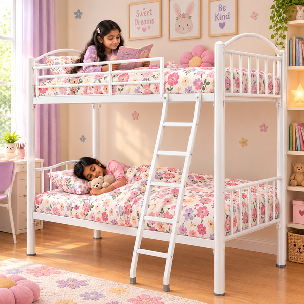 RYKER NAMARIQ: Heavy Duty Twin Bunk-Bed Frame with Ladder & Safety Guard Rails | Space Saving Bed for Kids, Teens & Adults | With or Without Mattress | 6x3 FT STANDARD & 6x2.5 FT Small Size | Powder Coated WHITE Color